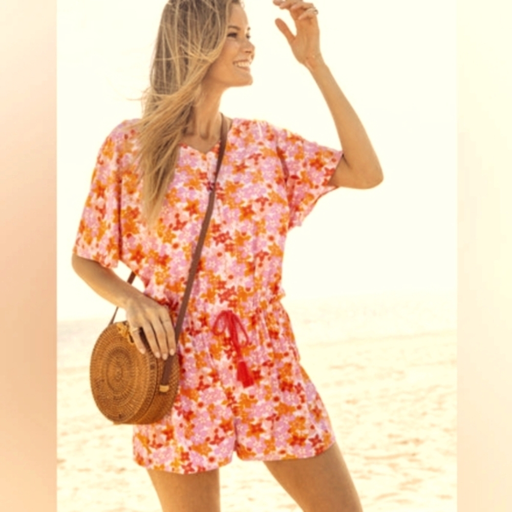 CABANA LIFE Floral-Orange Tassel-Tie Waist Dolman Sleeve V-Neck Romper-UPF 50+